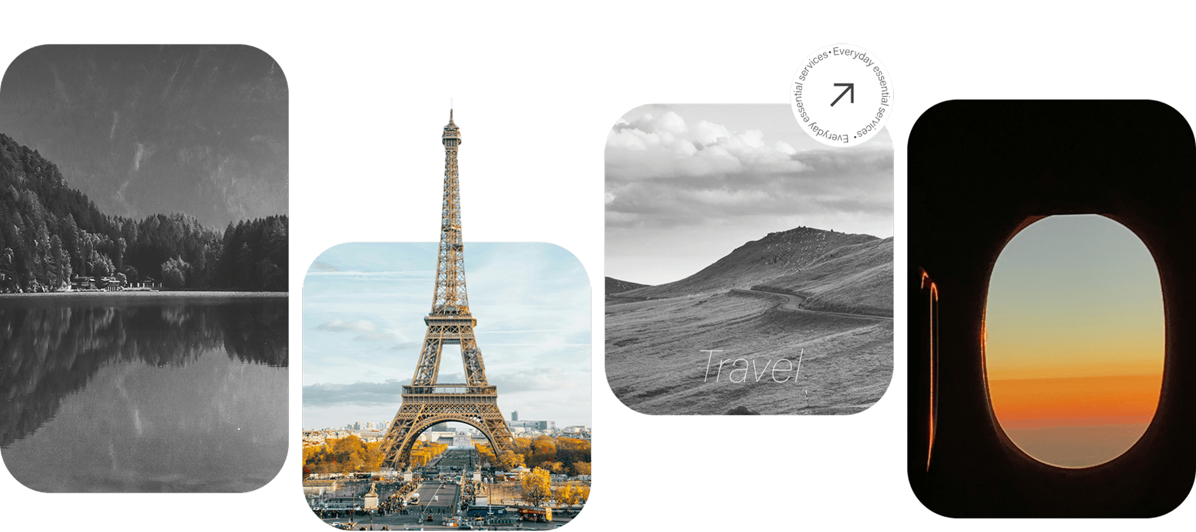 A collage of four travel-themed photos: a grayscale lake surrounded by trees, the Eiffel Tower in Paris, a grayscale hilly landscape labeled 'Travel' with an arrow icon, and a colorful sunset view through an airplane window.